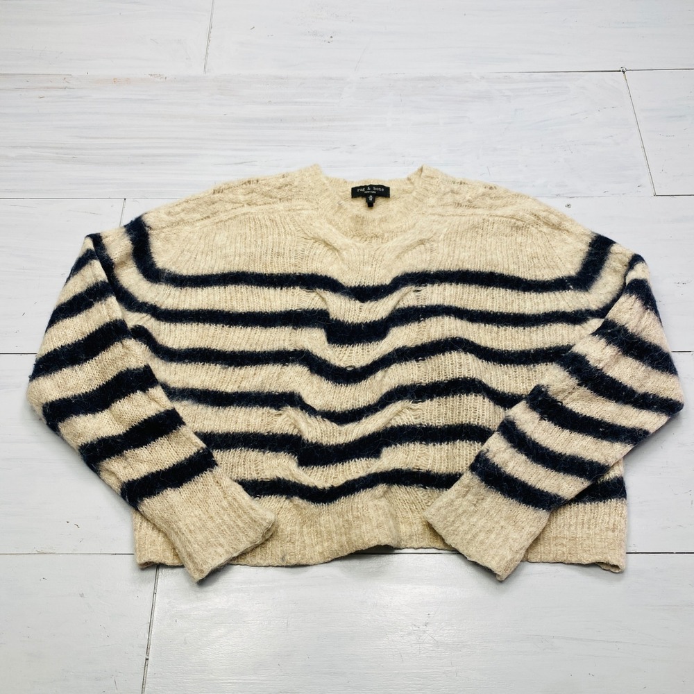 Rag & Bone Alpaca Wool Striped Sweater Womens M Cream Navy Cable Knit Fuzzy